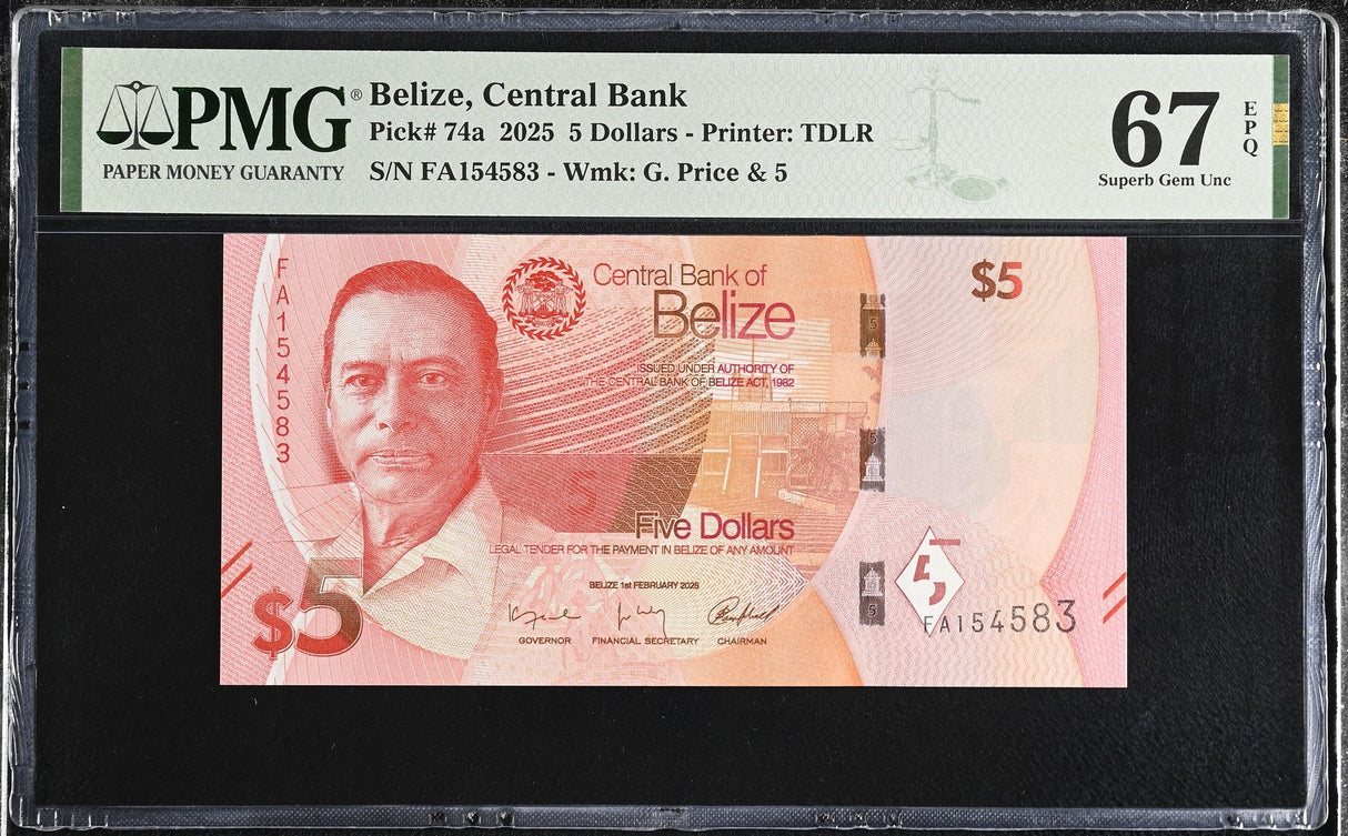 Belize 5 Dollars 2025 P 74 a Superb Gem UNC PMG 67 EPQ