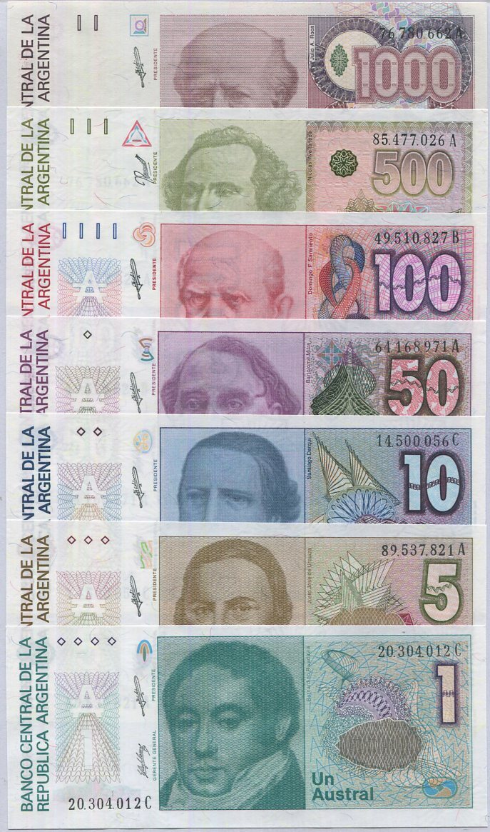 ARGENTINA SET 7 PCS 1 5 10 50 100 500 1000 AUS. 1990 P 323 324 325 326-329 UNC