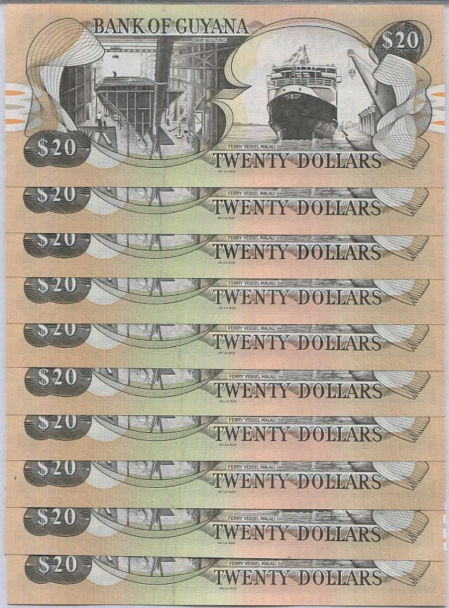 Guyana 20 Dollars ND 2018/2020 P 30 g UNC, Kaieteur Falls Lot 10 PCS
