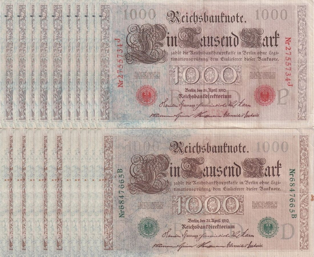 Germany SET 2x LOT 5= 10 PCS 1000 Mark 1910 Green+Red Seal P 44 45 Fine Circulat