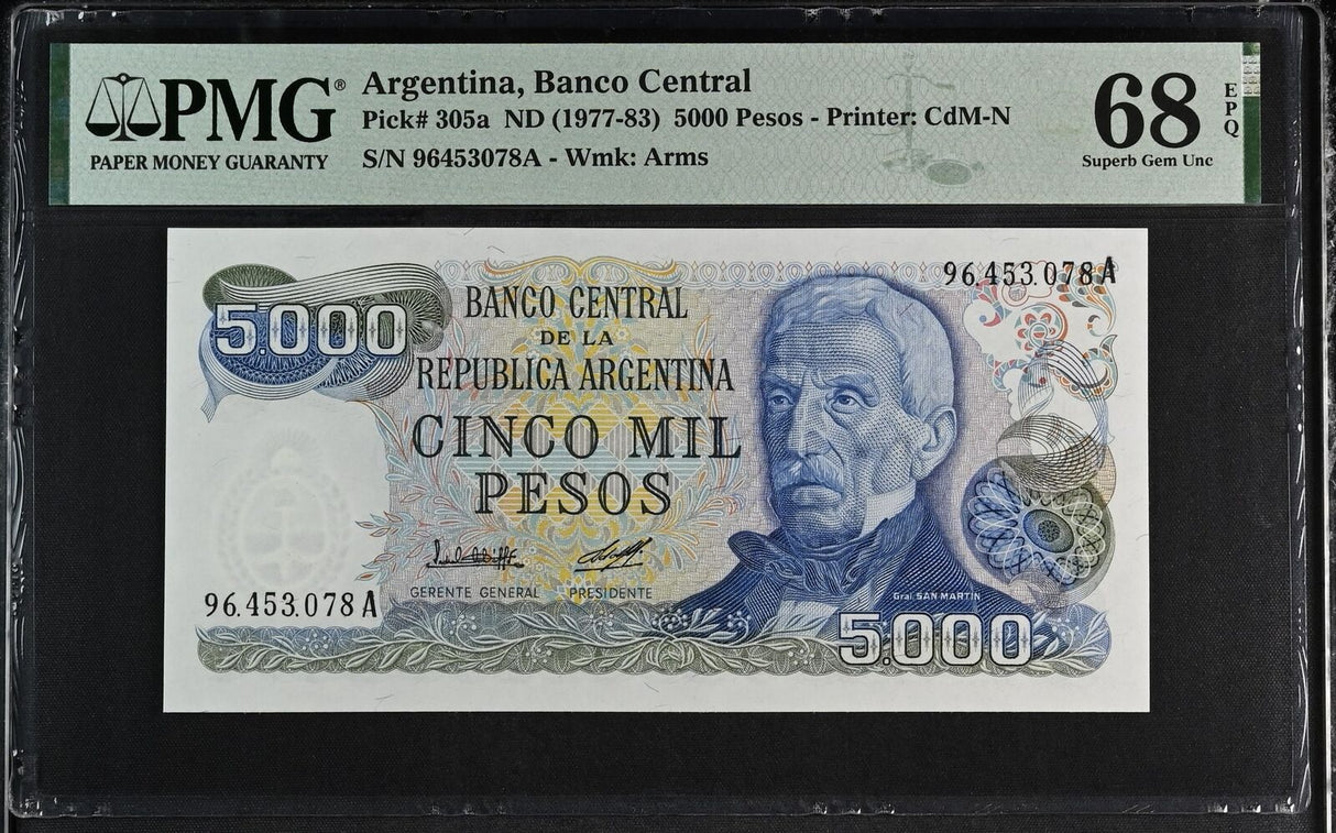 Argentina 5000 Pesos ND 1977-1983 P 305 a Superb Gem UNC PMG 68 EPQ Top Pop