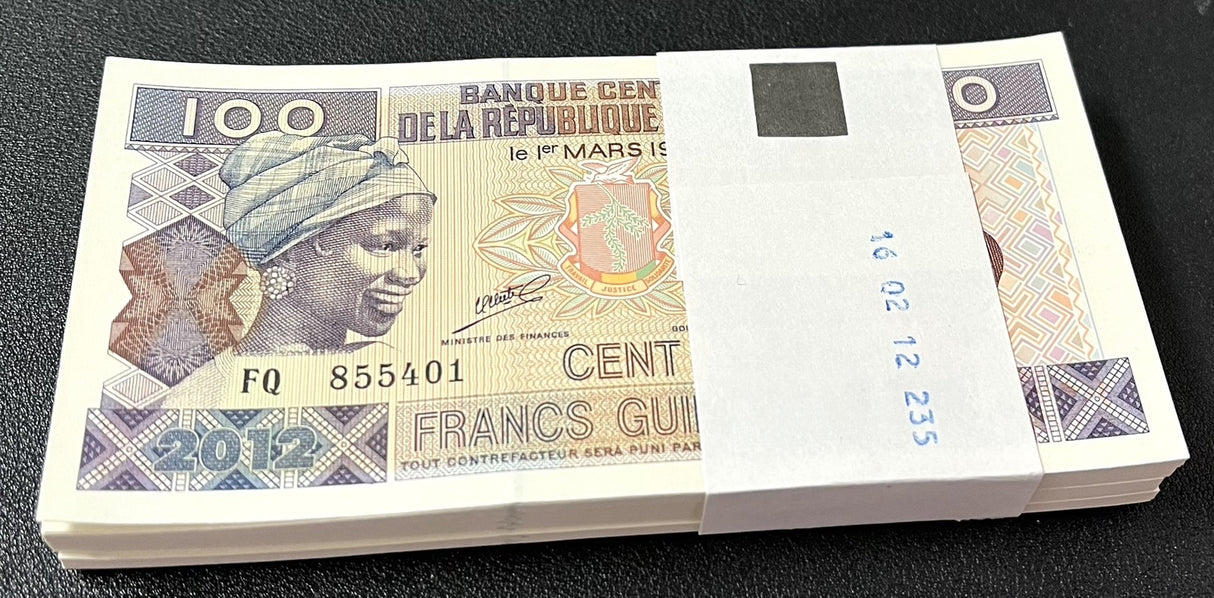 Guinea 100 Francs 2012 P 35 b UNC Lot 100 Pcs 1 Bundle