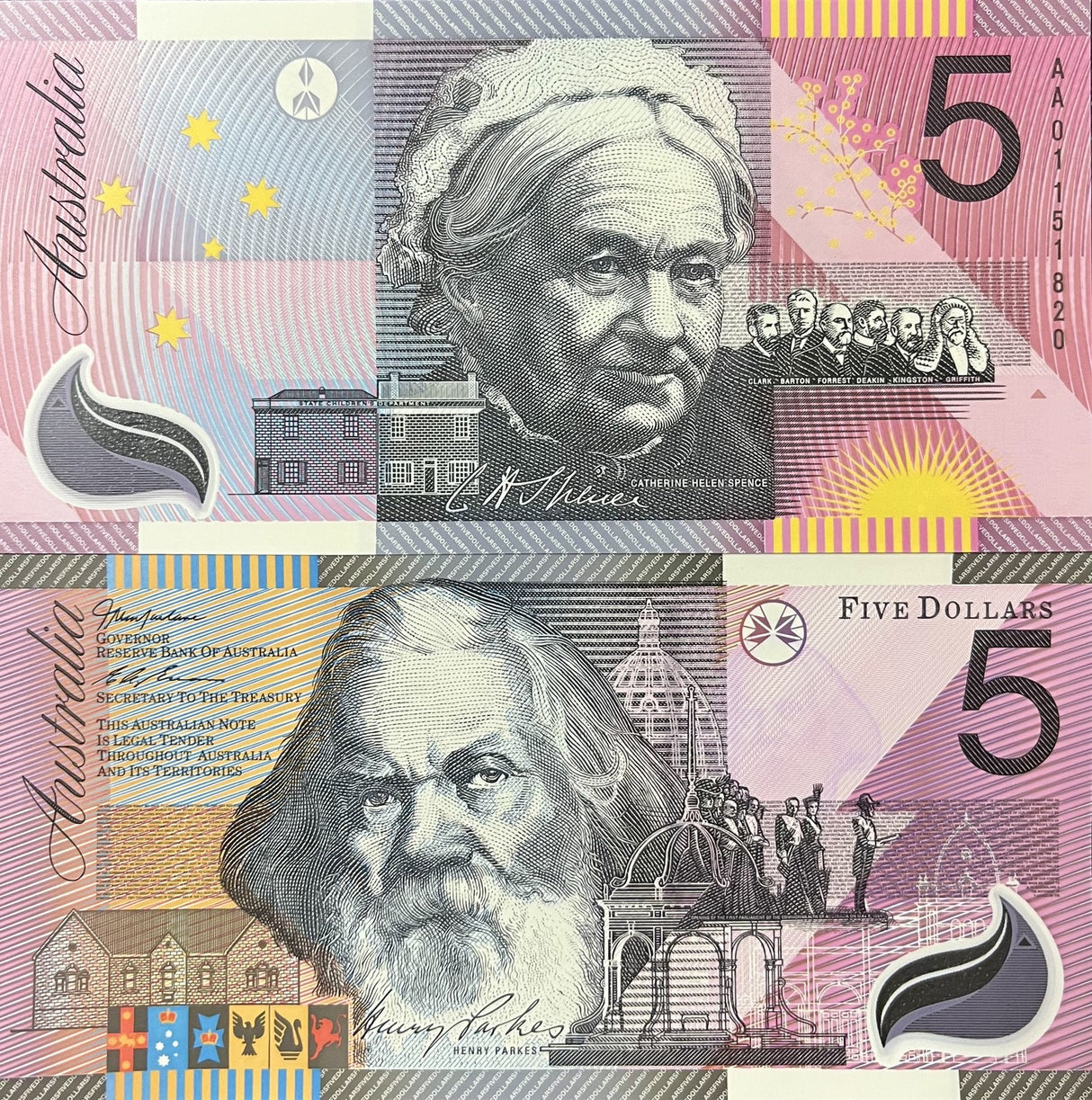 Australia 5 Dollars 2001 P 56 a Polymer AA Prefix UNC