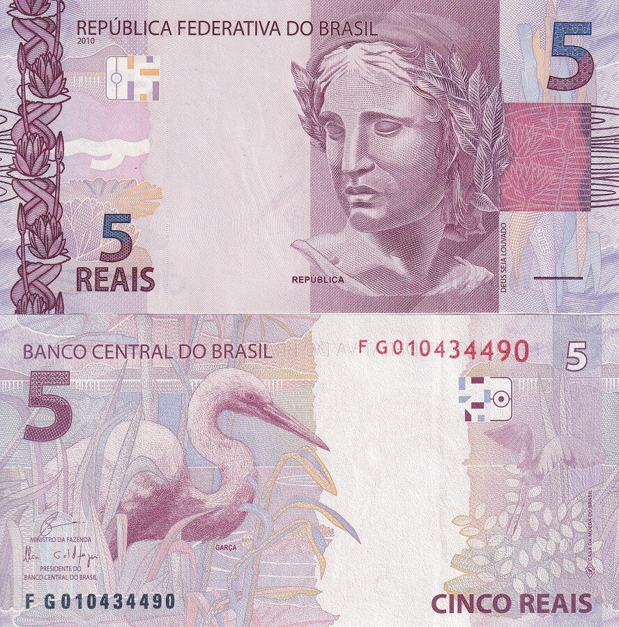 Brazil 5 Reais 2010/2019 BIRD P 253 e Sign Eduardo Guardia & Ilan Goldfajn UNC