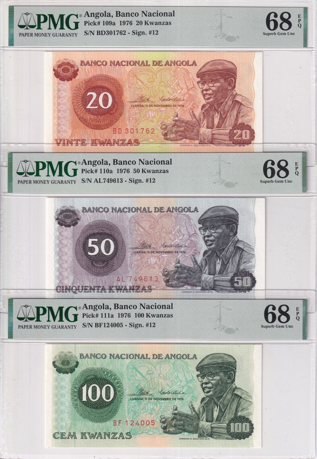 Angola Set 3; 20 50 100 Kwanzas 1976 P 109 P 110 P 111 Superb Gem UNC PMG 68 EPQ