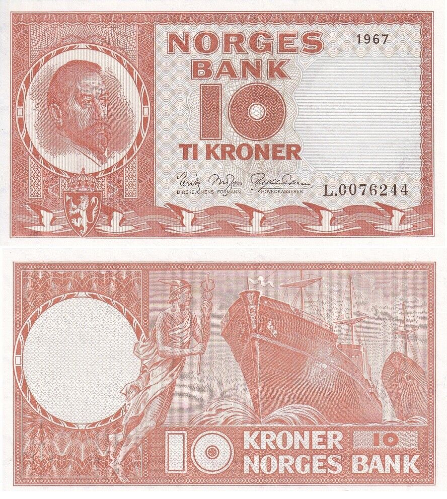 Norway 10 Kroner 1967 P 31 d UNC
