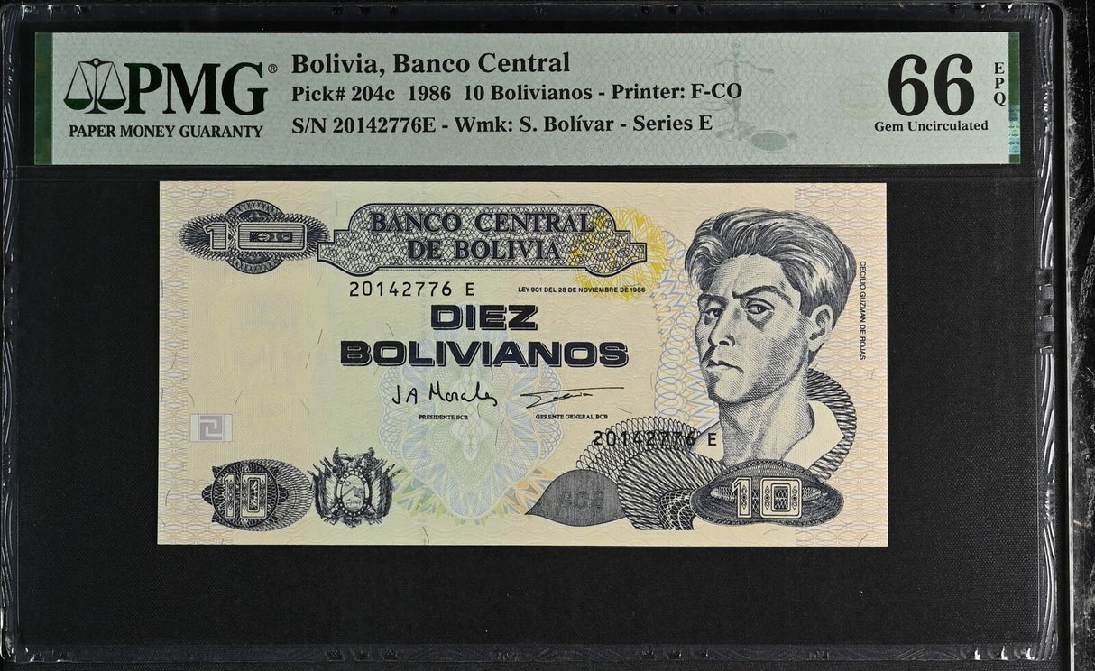 Bolivia 10 Bolivianos 1986 P 204 c Gem UNC PMG 66 EPQ TOP POP