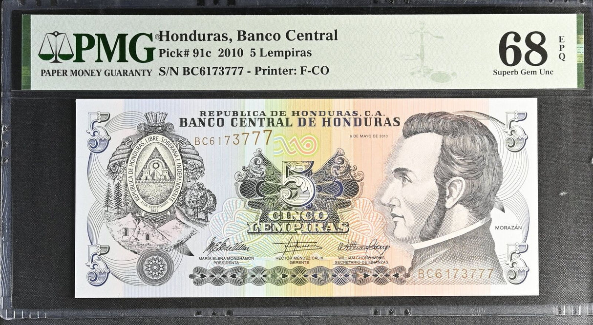 Honduras 5 Lempiras 2010 P 91 C Superb Gem UNC PMG 68 EPQ