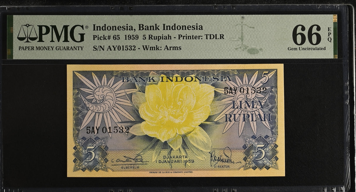 Indonesia 5 Rupiah 1959 P 65 Gem UNC PMG 66 EPQ