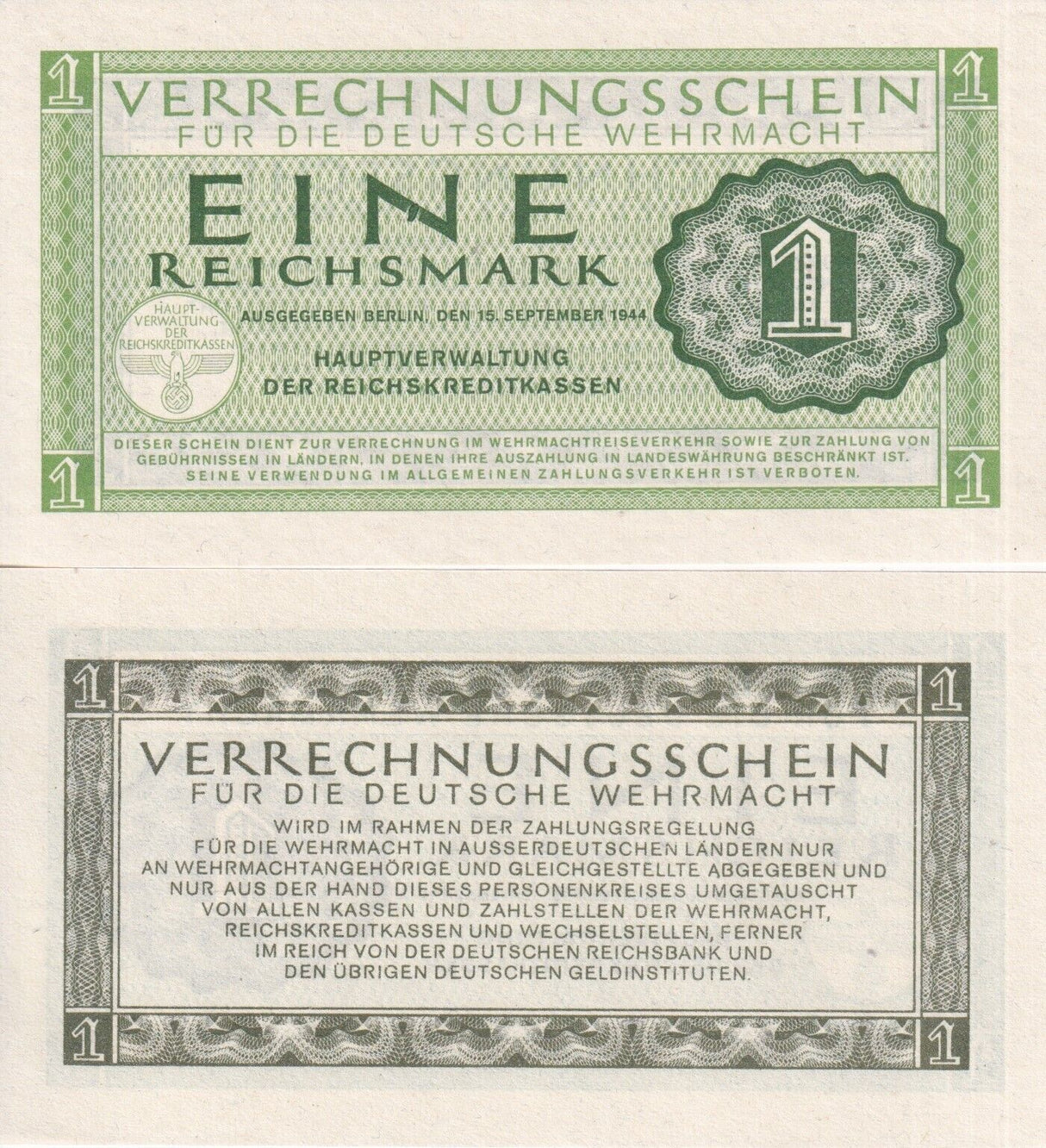 Germany 1 Reichsmark Military 1944 P M38 UNC