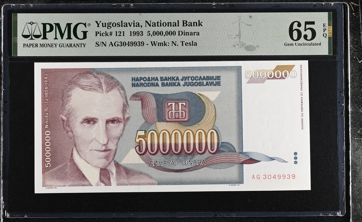 Yugoslavia 5 Million Dinara 1993 P 121 Gem UNC PMG 65 EPQ