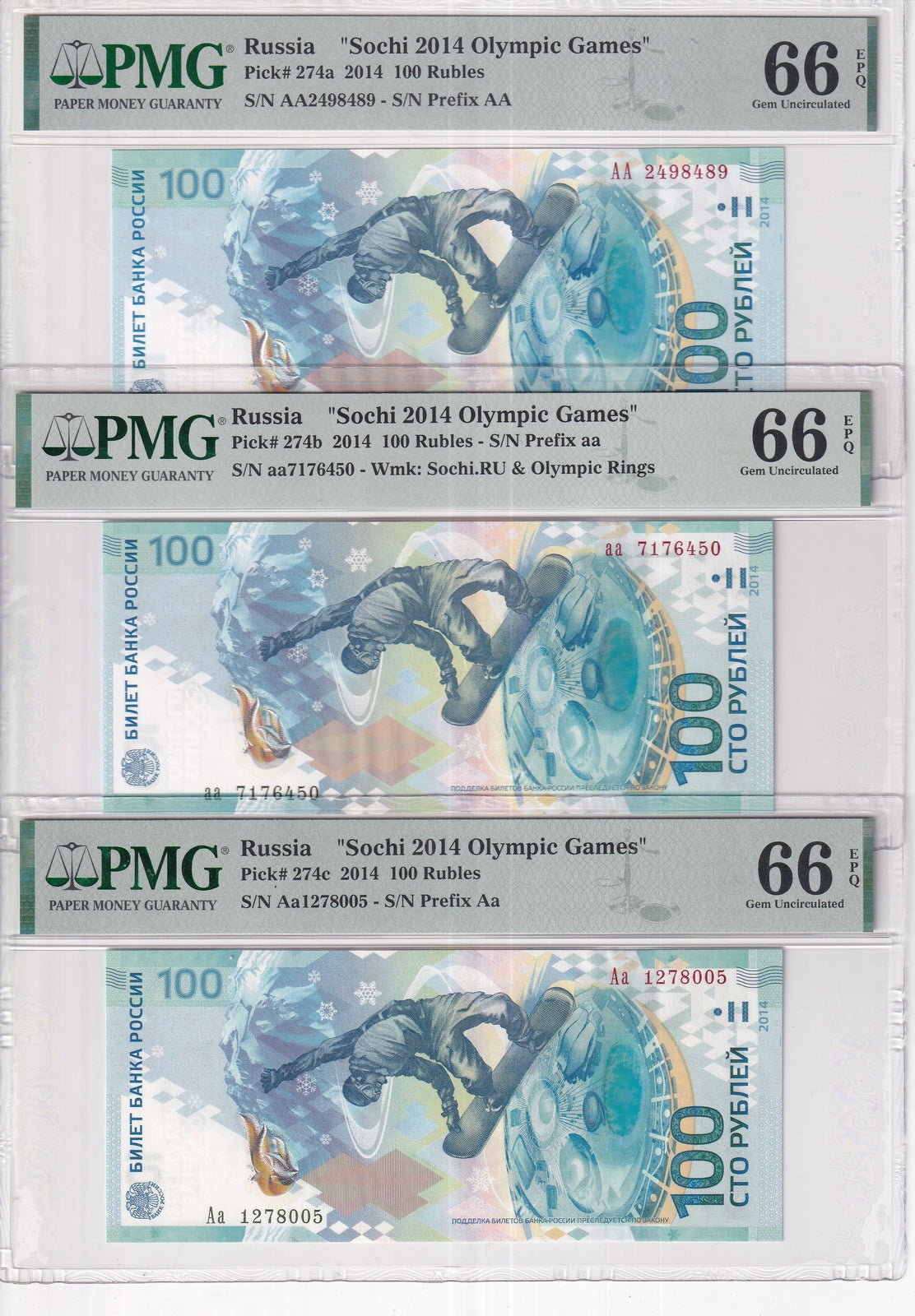 Russia Set 3; 100 Rubles 2014 P 274 AA aa Aa Prefix Sochi Gem UNC PMG 66 EPQ