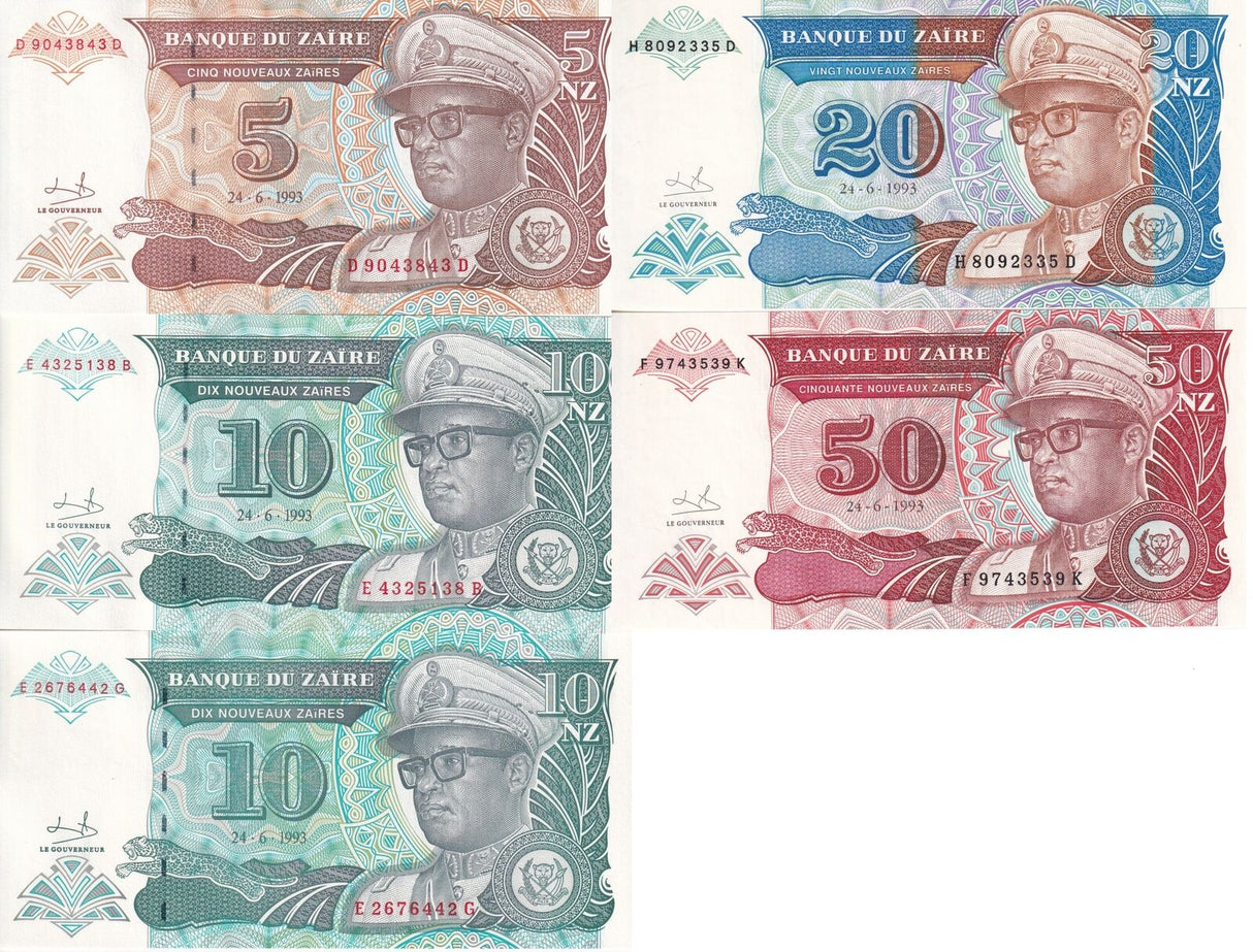Zaire Set 5 PCS 5 10 20 50 Nouveaux Zaire 1993 P 53 54 55 56 57 UNC