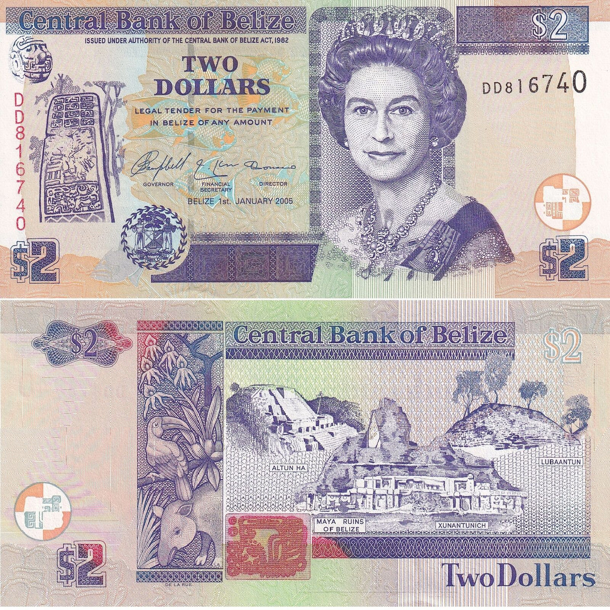 Belize 2 Dollars 2005 P 66 b UNC