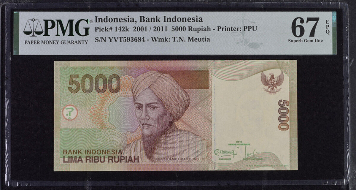 Indonesia 5000 Rupiah 2001/20011 P 142 k Superb GEM UNC PMG 67 EPQ