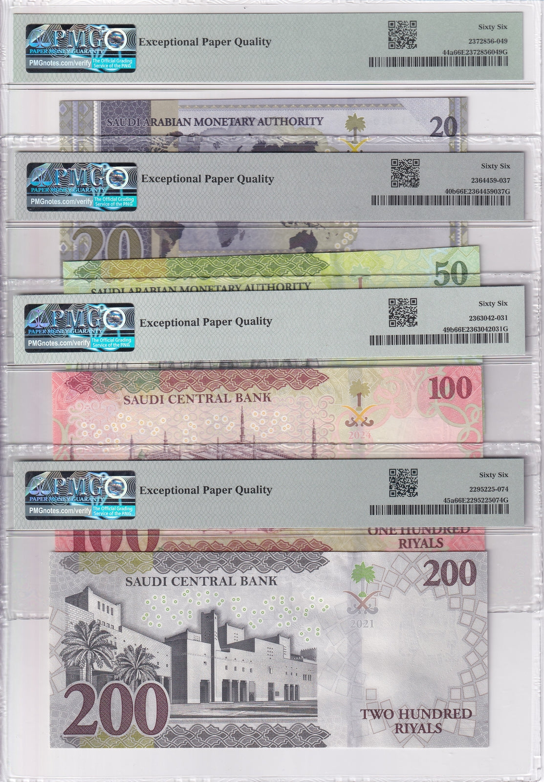 Saudi Arabia Set 4; 20 50 100 200 Riyal 2017-24 P 40 44 45 49 Gem UNC PMG 66 EPQ
