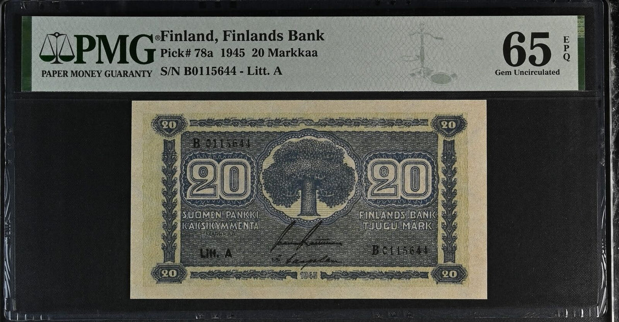 Finland 20 Markkaa 1945 P 78 Litt. A P 78 a Gem UNC PMG 65 EPQ