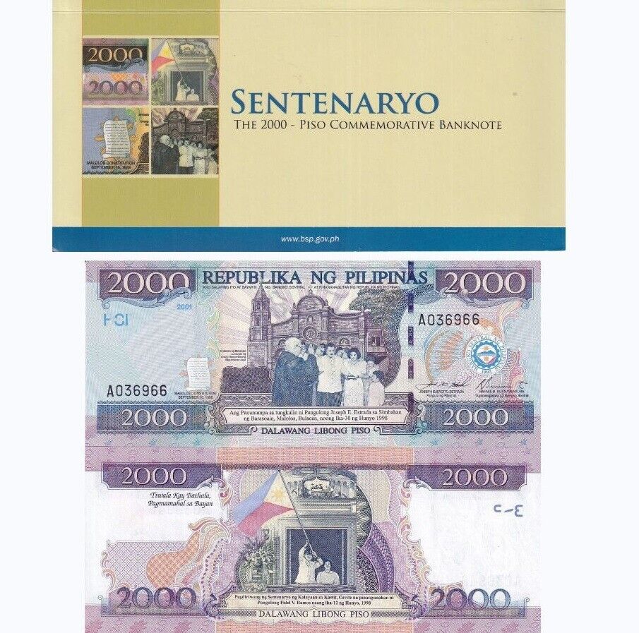 Philippines 2000 Piso 2001 Commemorative Centennial P 189 c UNC With Folder