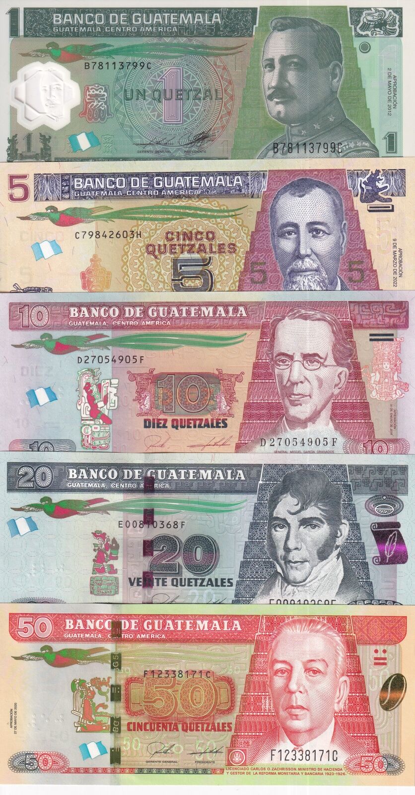 Guatemala Set 5 UNC 1 5 10 20 50 Quetzales 2012 - 2022 P P 115 122 123 124 125