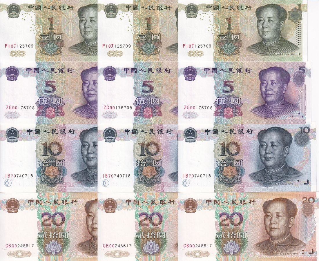 China Set 4 x LOT 3 = 12 Pcs 1 5 10 20 Yuan 1999 P 895 897 898 899 UNC