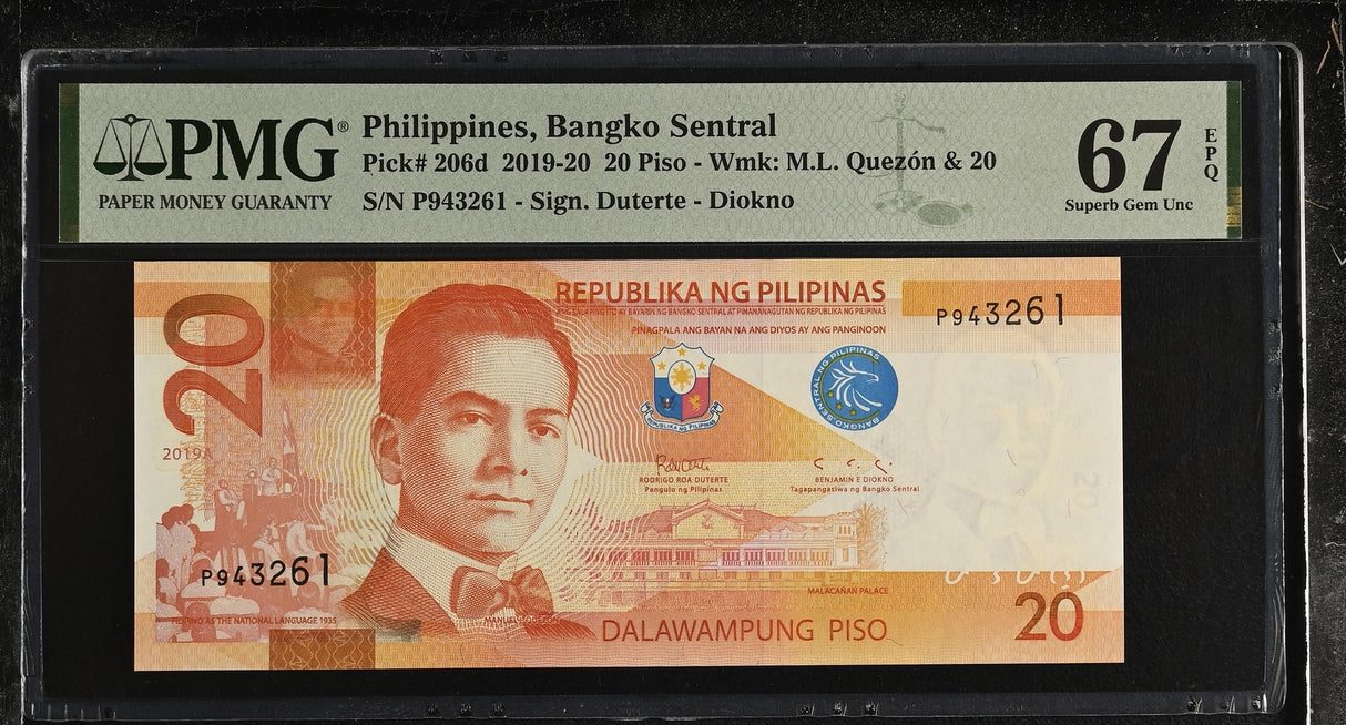 Philippines 20 Piso 2019A P 206 d Superb Gem UNC PMG 67 EPQ