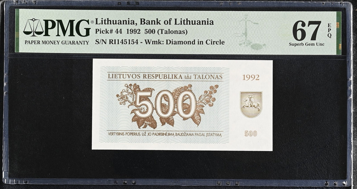 Lithuania 500 Talonu 1992 P 44 Superb Gem UNC PMG 67 EPQ
