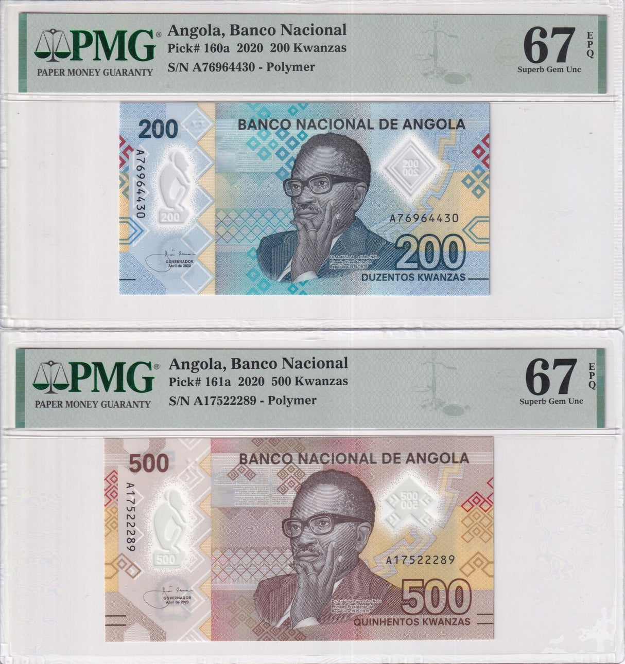 Angola Set 2; 500 1000 Kwanzas 2020 P 160 161 Polymer Superb Gem UNC PMG 67 EPQ