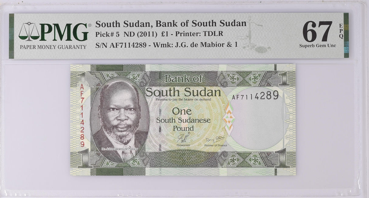 South Sudan 1 Pounds ND 2011 P 5 Superb Gem UNC PMG 67 EPQ