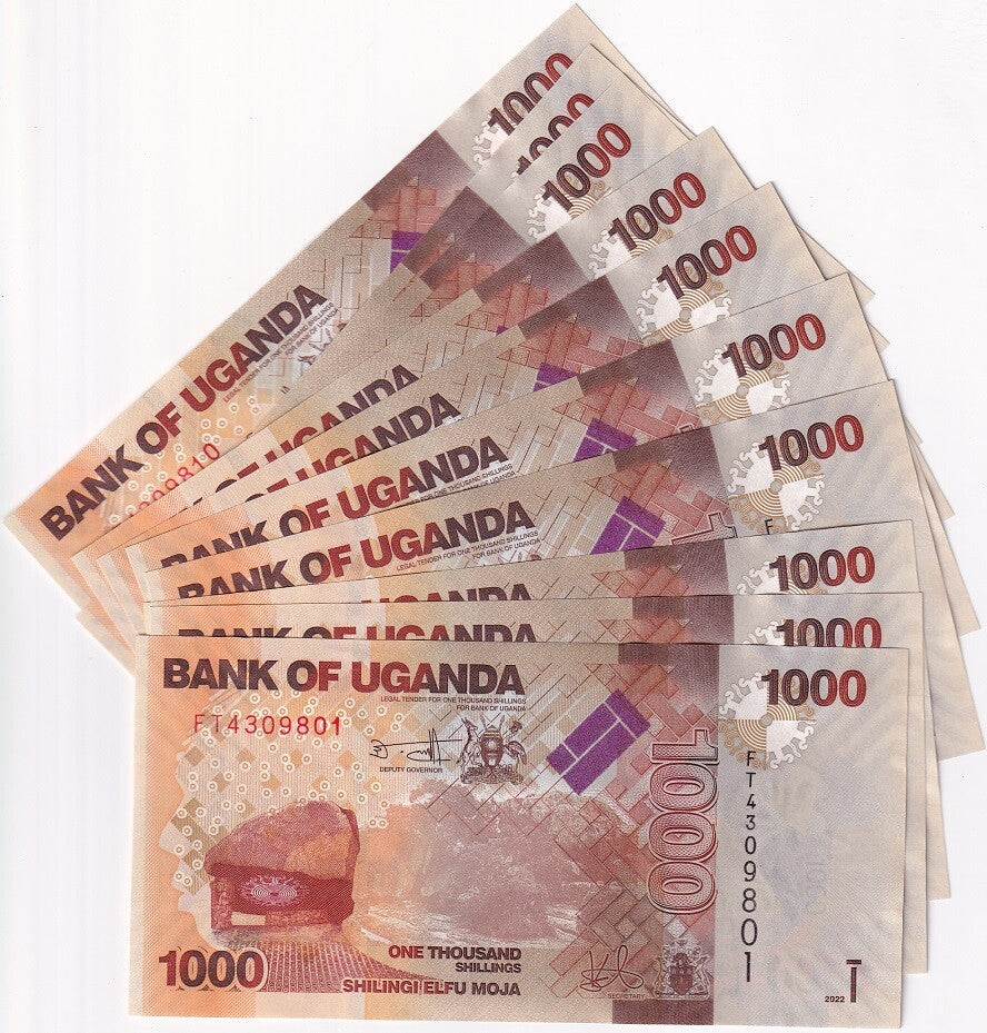 Uganda 1000 Shillings 2022 P 49 UNC LOT 10 PCS 1/10 BUNDLE