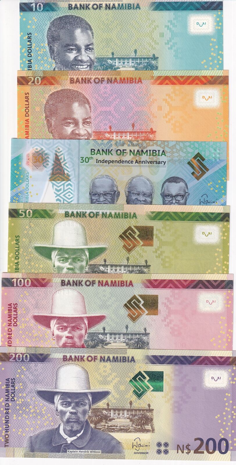 Namibia set 6 UNC 10 20 30 50 100 200 Dollars 2018-2021 P 13 14 15 16 17 18