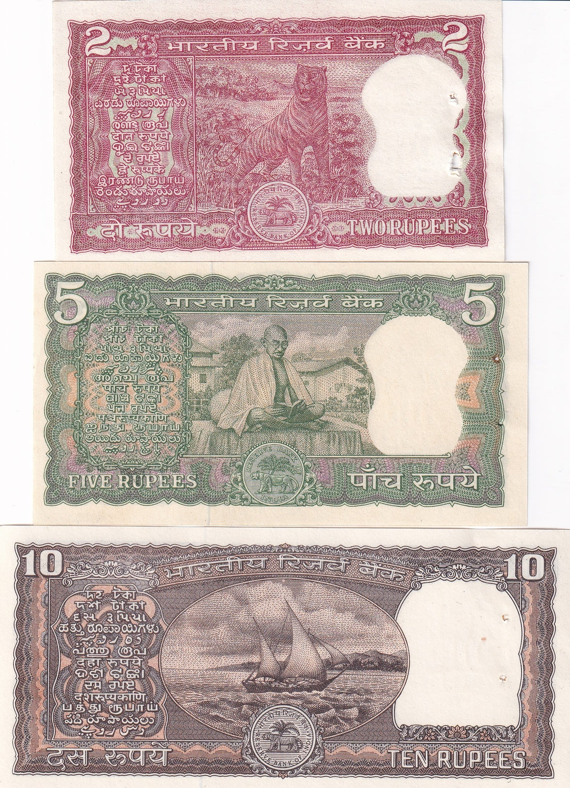 India Set 3 Pcs 2 5 10 Rupees ND Random sign P 53A P 67 P 68 UNC W/Issued Hole