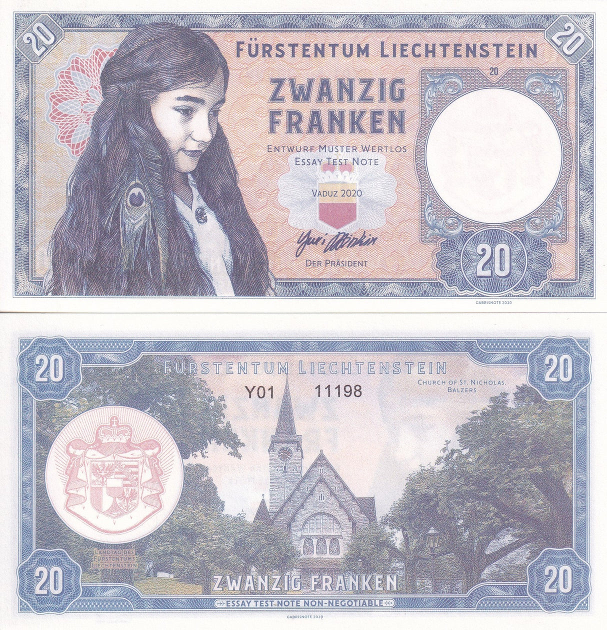 Liechtenstein 20 Francs 2020 Private issue Test Note Zwanzig Franken