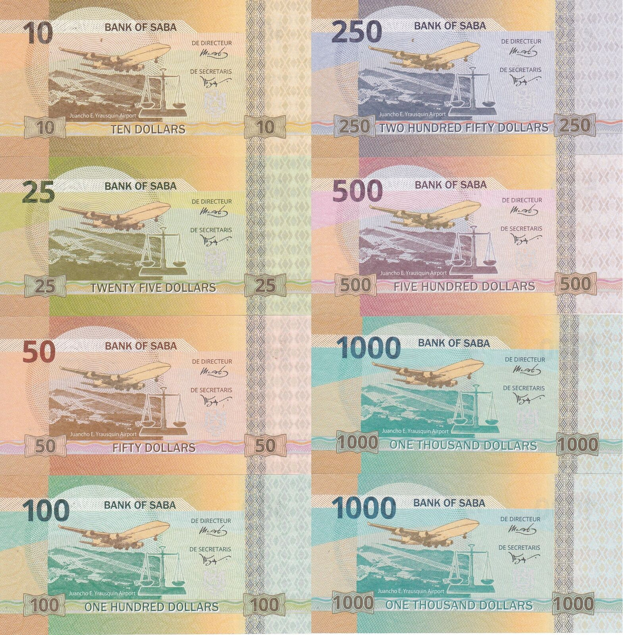 Bank of Saba set 8 Caribbean 10 25 50 - 500 (1000x2) Sunbeam Cadilac V16 Fantasy