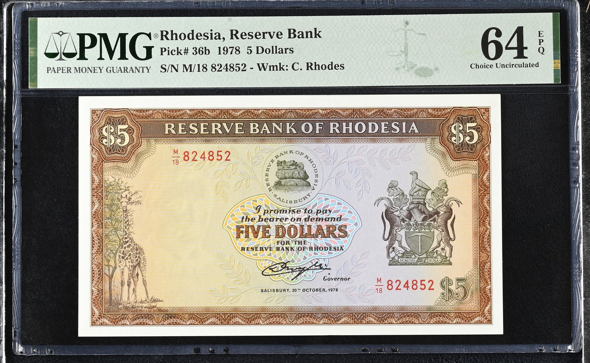 Rhodesia 5 Dollars 1978 P 36 b Choice UNC PMG 64 EPQ