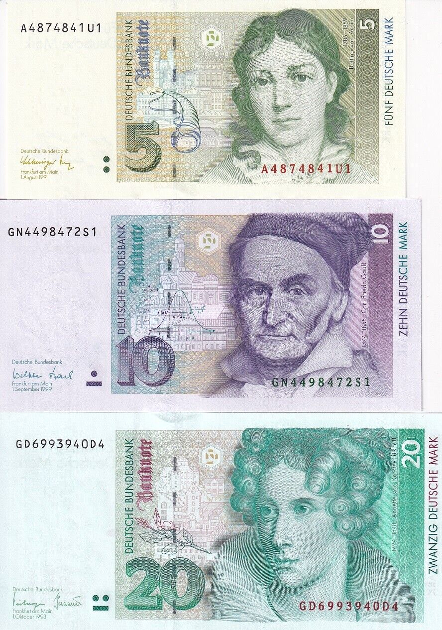 Germany Set 3 Pcs 5 10 20 Deutsche Mark 1991-1999 P 37 38 39 UNC