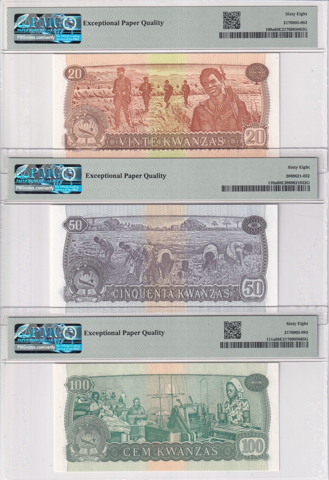 Angola Set 3; 20 50 100 Kwanzas 1976 P 109 P 110 P 111 Superb Gem UNC PMG 68 EPQ