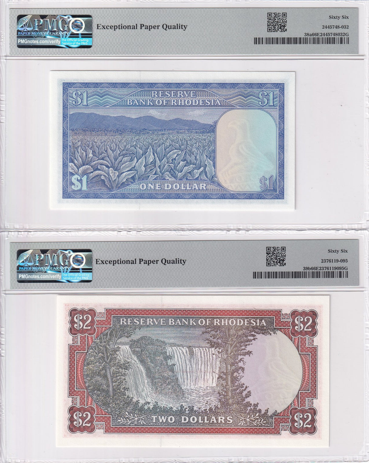 Rhodesia Set 2; 1 2 Dollars 1979 P 37 P 38 Gem UNC PMG 66 EPQ