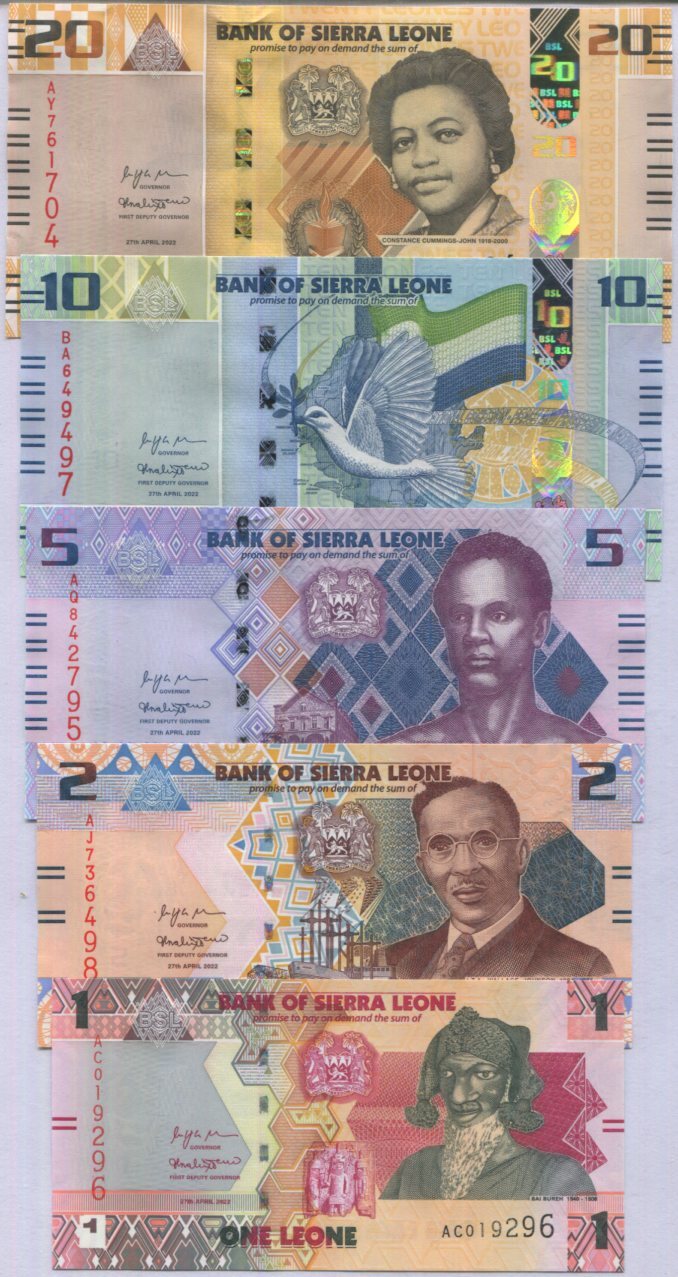 Sierra Leone Set 5 UNC 1 2 5 10 20 Leones 2022 P 34 35 36 37 38 CUT Zero