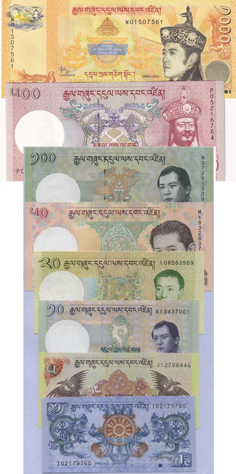 Bhutan Set 8 UNC 1 5 10 20 50 100 500 1000 N 2013-2021 P 27 -33 36(Comm.)