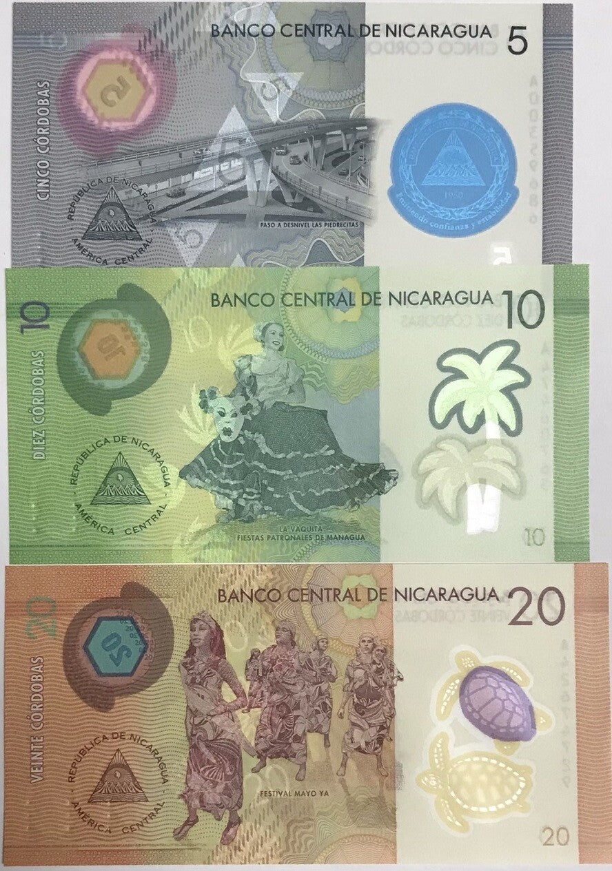 Nicaragua Set 3 Pcs 5 10 20 Cordobas 2019-2022 P 209 210 219 Polymer UNC