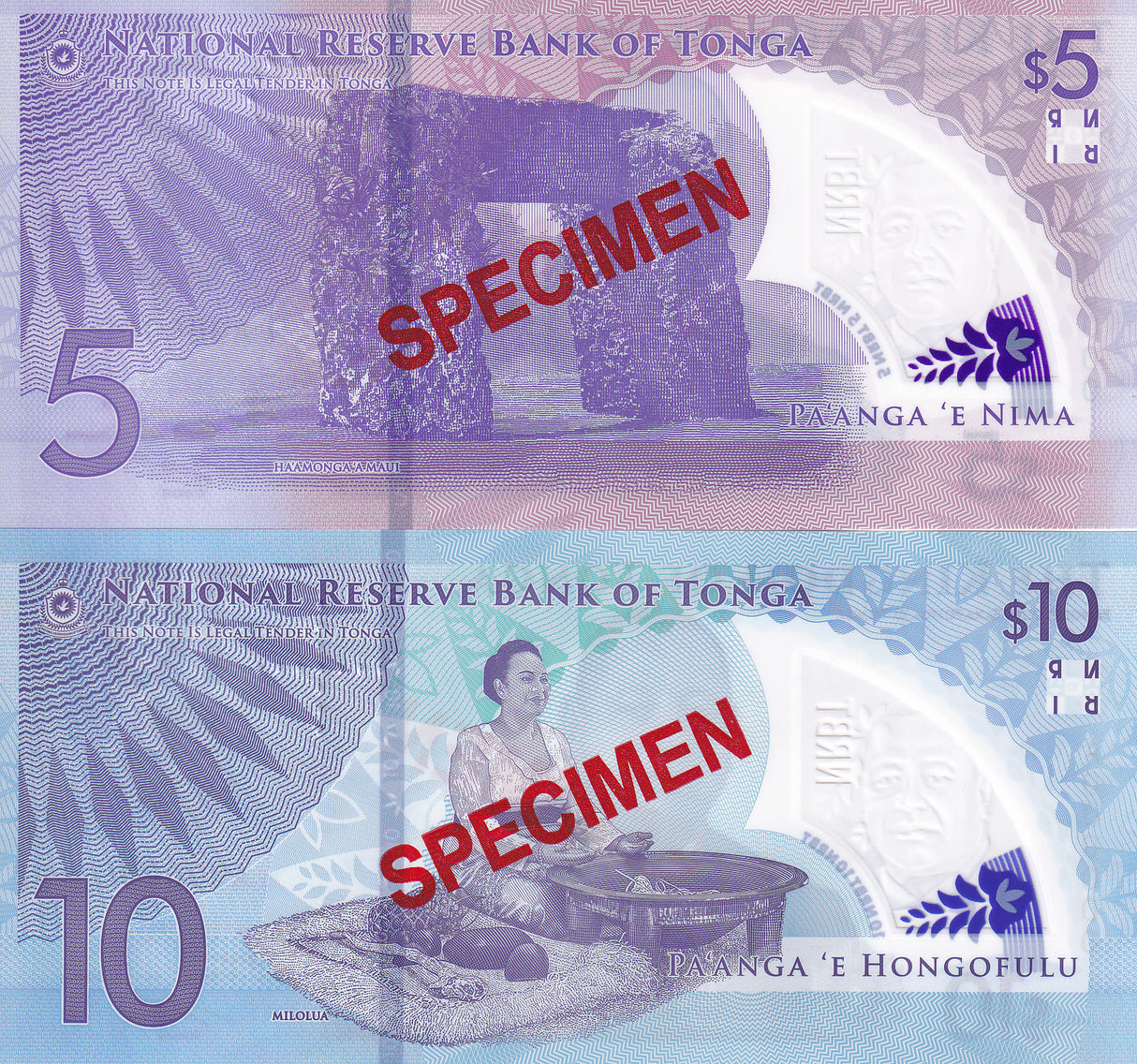 Tonga Set 2 UNC 5 10 Pa'anga ND 2023 P 51 52 SPECIMEN Polymer UNC