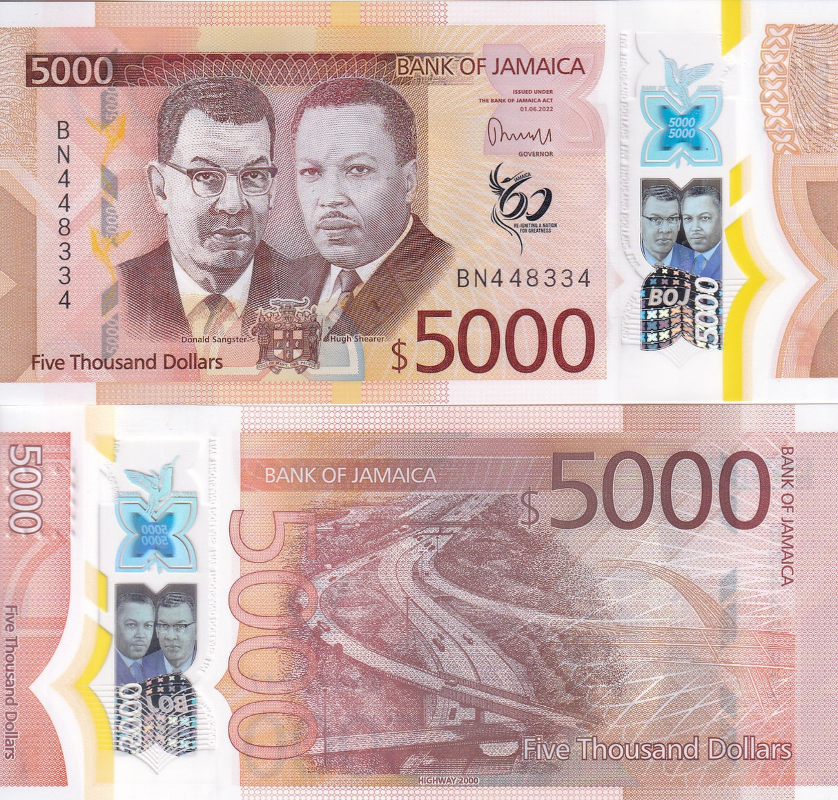 Jamaica 5000 Dollars 2022 / 2023 P 101 Polymer UNC