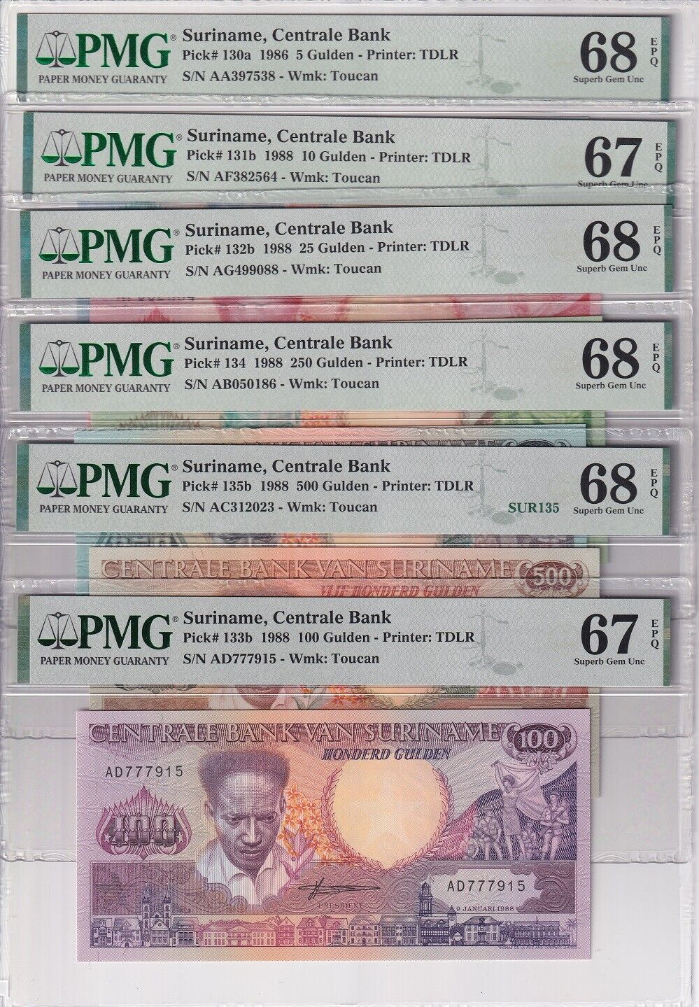 Suriname set 6, 5 10- 500 Gulden 1986-88 P 130-135 Superb GEM UNC PMG 67 68 EPQ