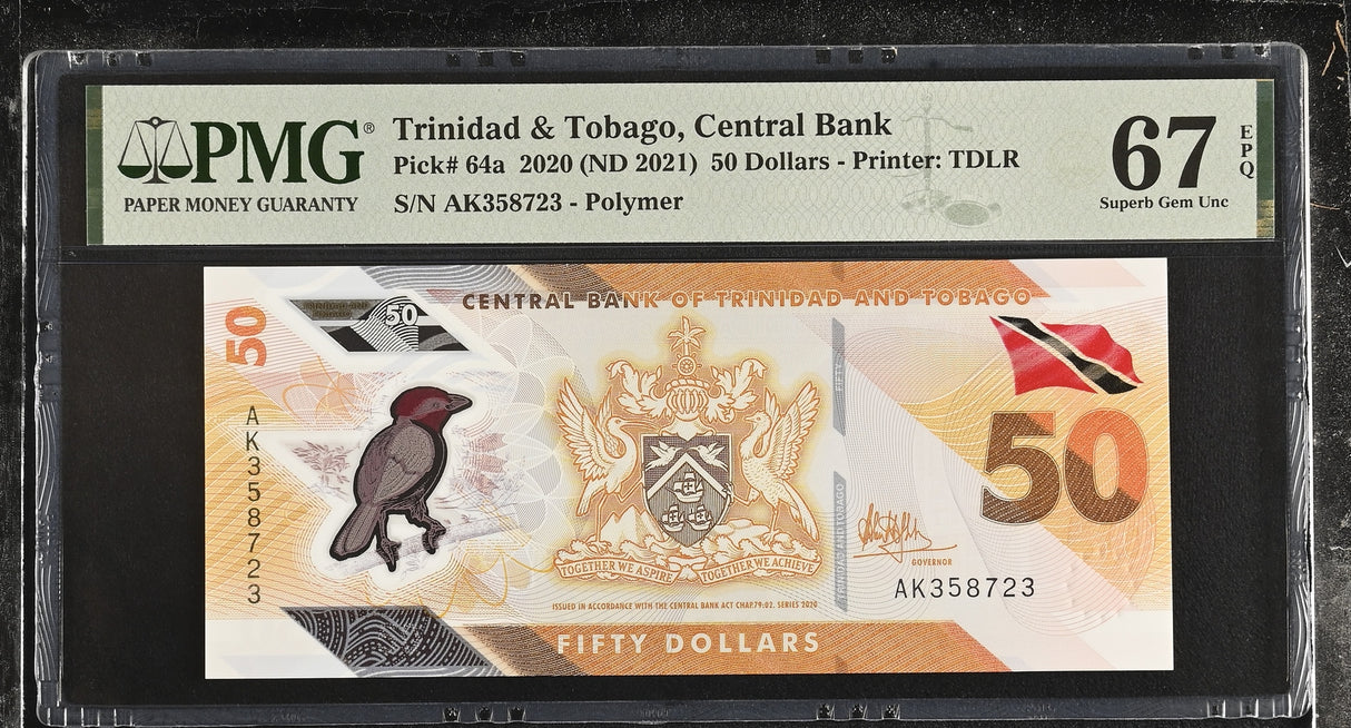 Trinidad & Tobago 50 Dollar 2020 ND 2021 P 64 a Superb Gem UNC PMG 67 EPQ