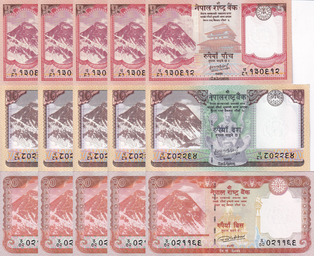 Nepal Set 3 x Lot 5 = 15 UNC 5 10 20 Rupees 2020 P 76 77 78