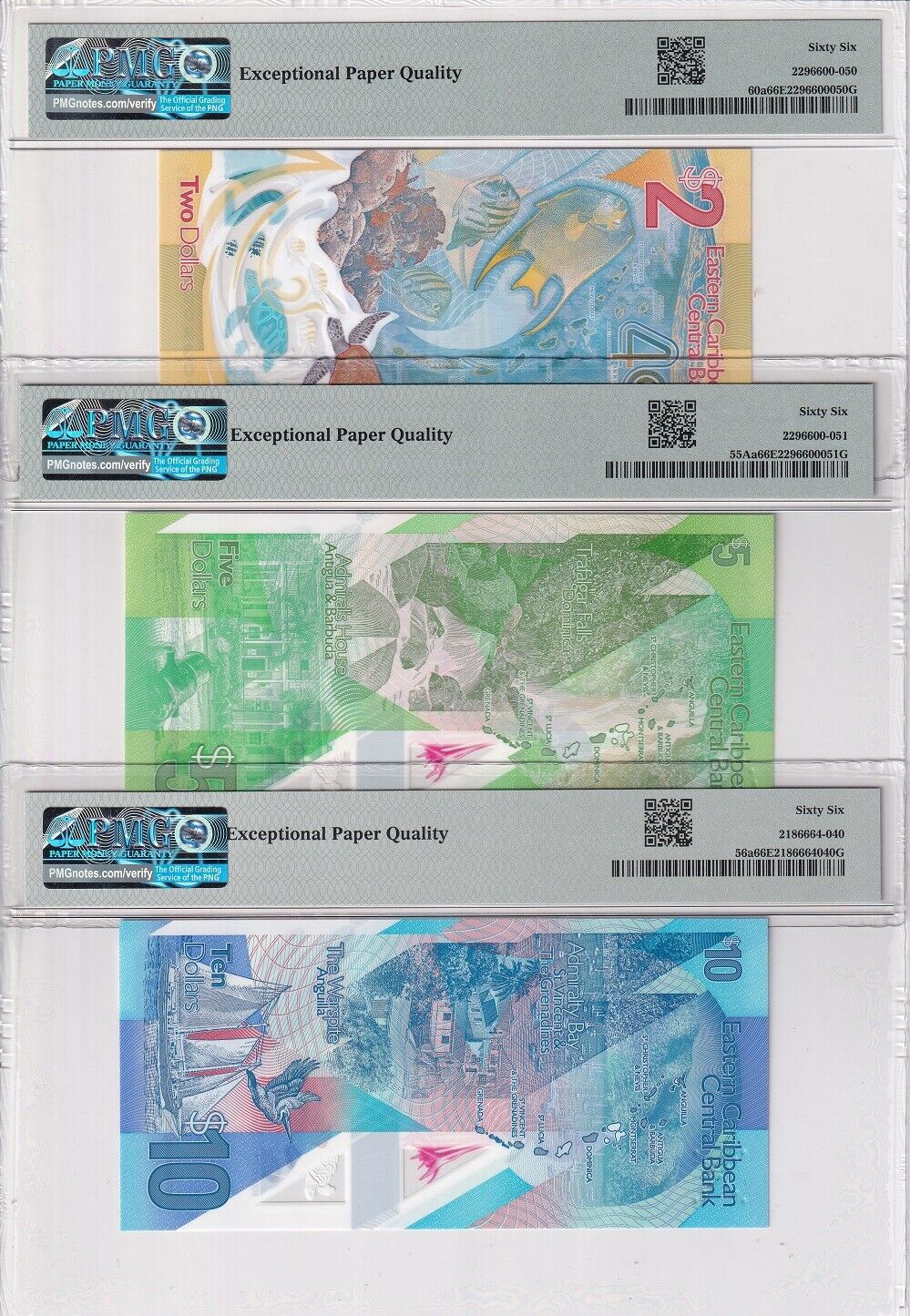 East Caribbean Set 3; 2 5 10 Dollars ND 2023 P 55Aa P 56 P 60 Gem UNC PMG 66 EPQ
