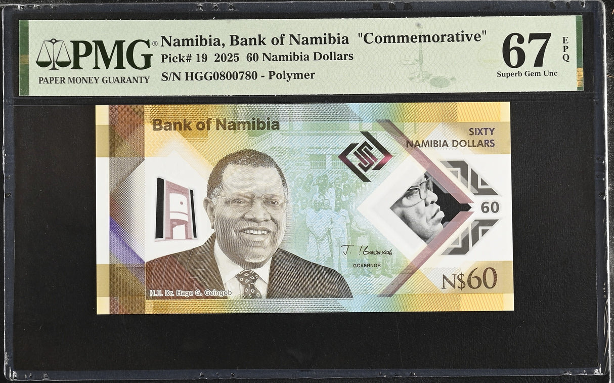 Namibia 60 Dollars 2025 P 19 60th Comm. Polymer Superb Gem UNC PMG 67 EPQ