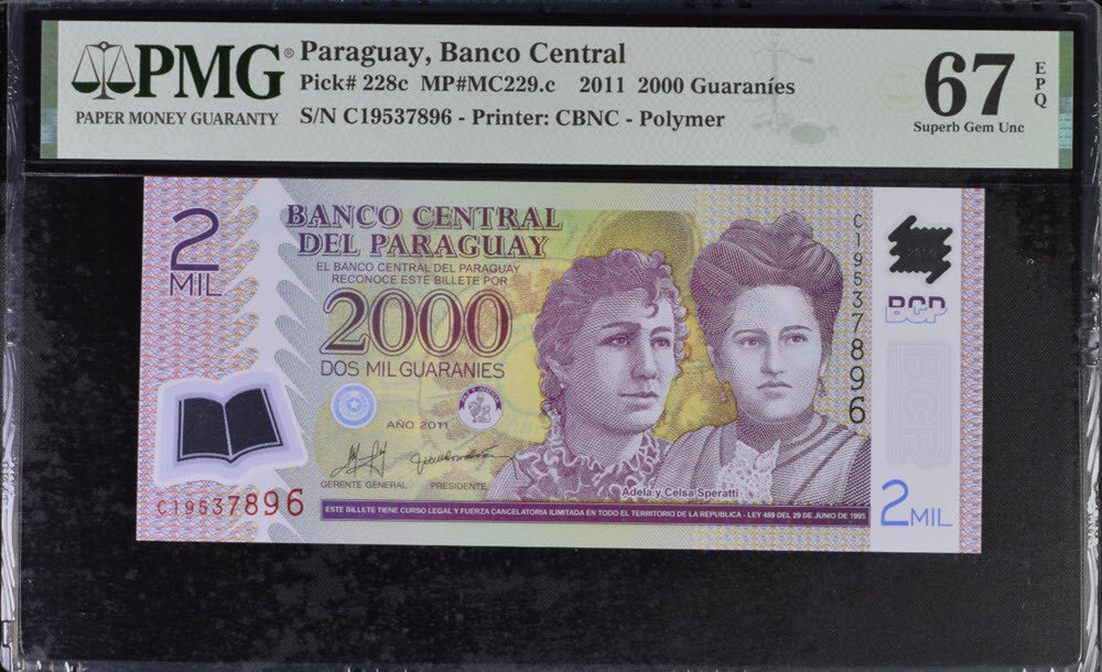 Paraguay 2000 Guaranies 2011 P 228 c Polymer Superb Gem UNC PMG 67 EPQ