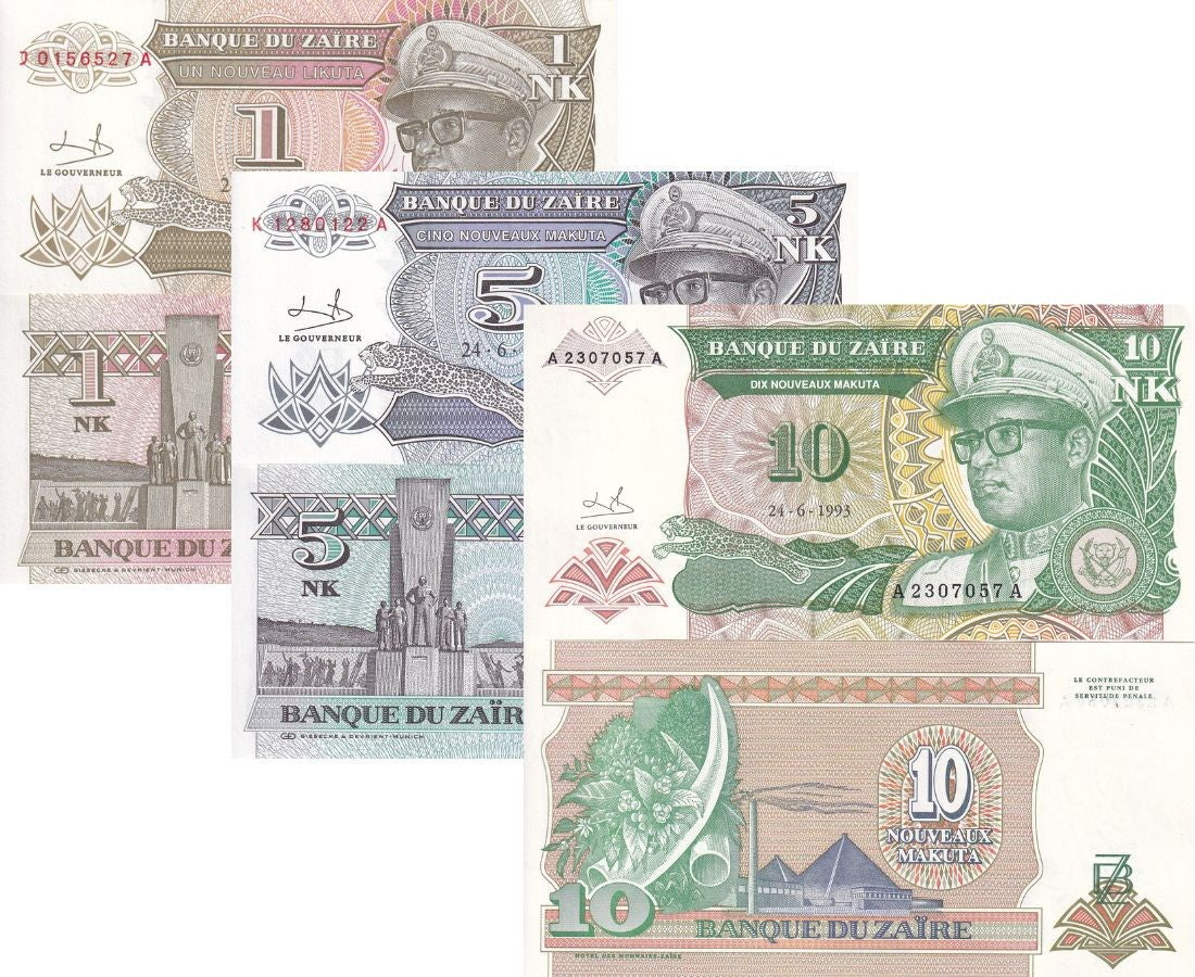 Zaire Set 3 Pcs 1 5 10 Nouveaux Makuta 1993 P 47 48 49 UNC