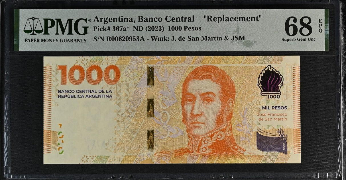 Argentina 1000 Pesos ND 2023 P 367 a* Replacement Superb Gem UNC PMG 68 EPQ TOP